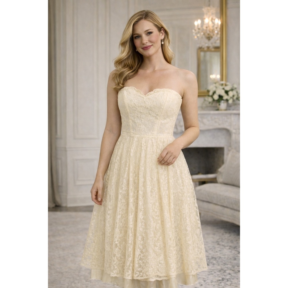 Gunne Sax  Strapless Dress SZ 7 Yellow‎ Lace Crinoline MIDI 70's Sakowitz Prom